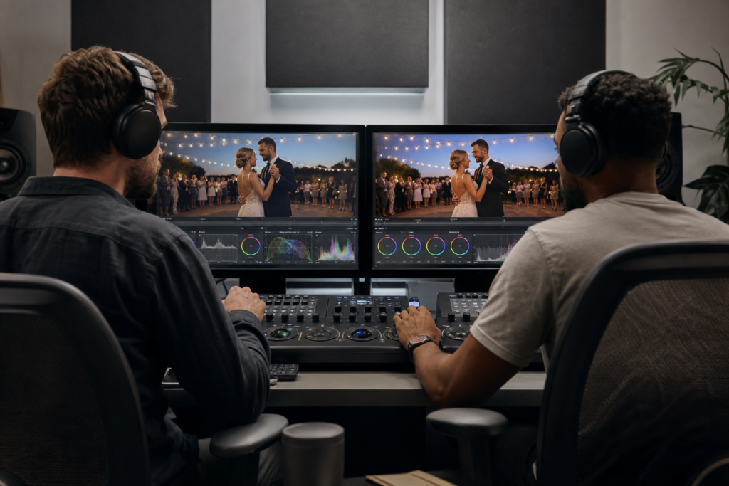 Wedding video editors matching color and style consistently across multiple editing workstations