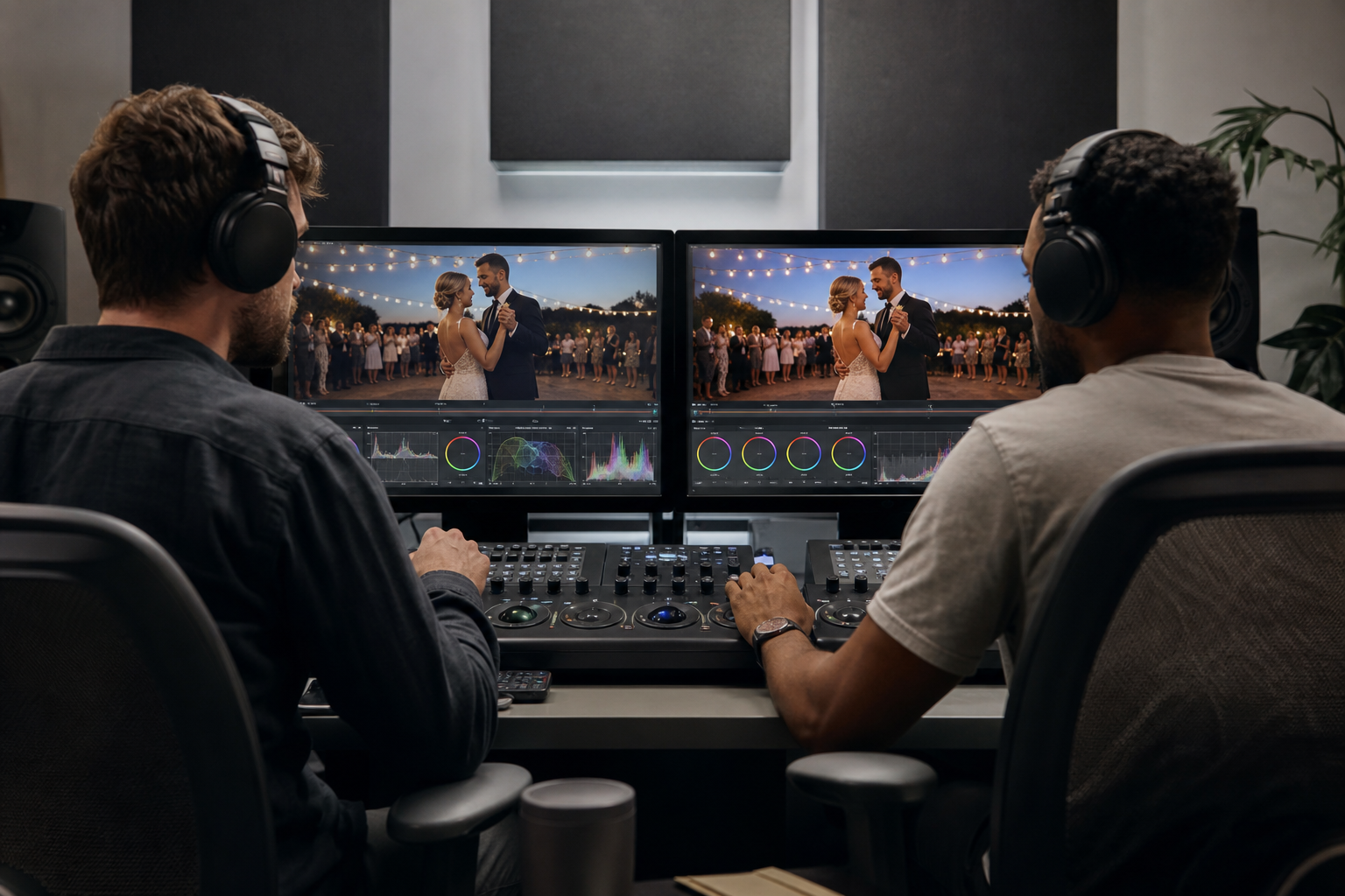 Wedding video editors matching color and style consistently across multiple editing workstations