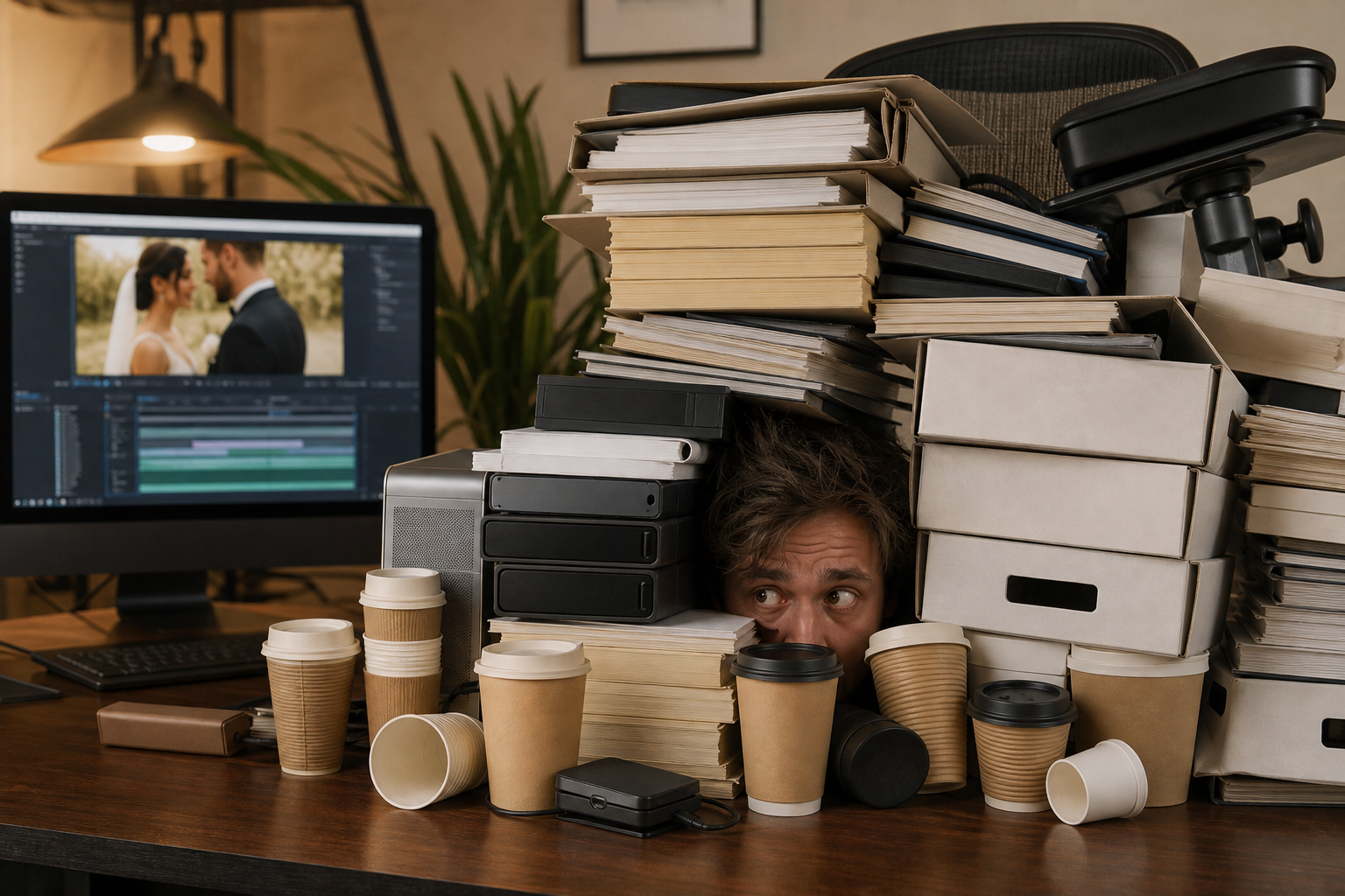 In-house wedding video editor buried under studio overhead and equipment