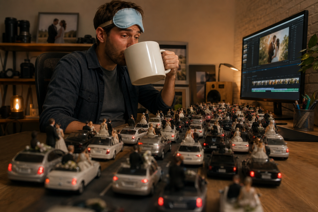 Exhausted wedding video editor facing a traffic jam of backlog projects