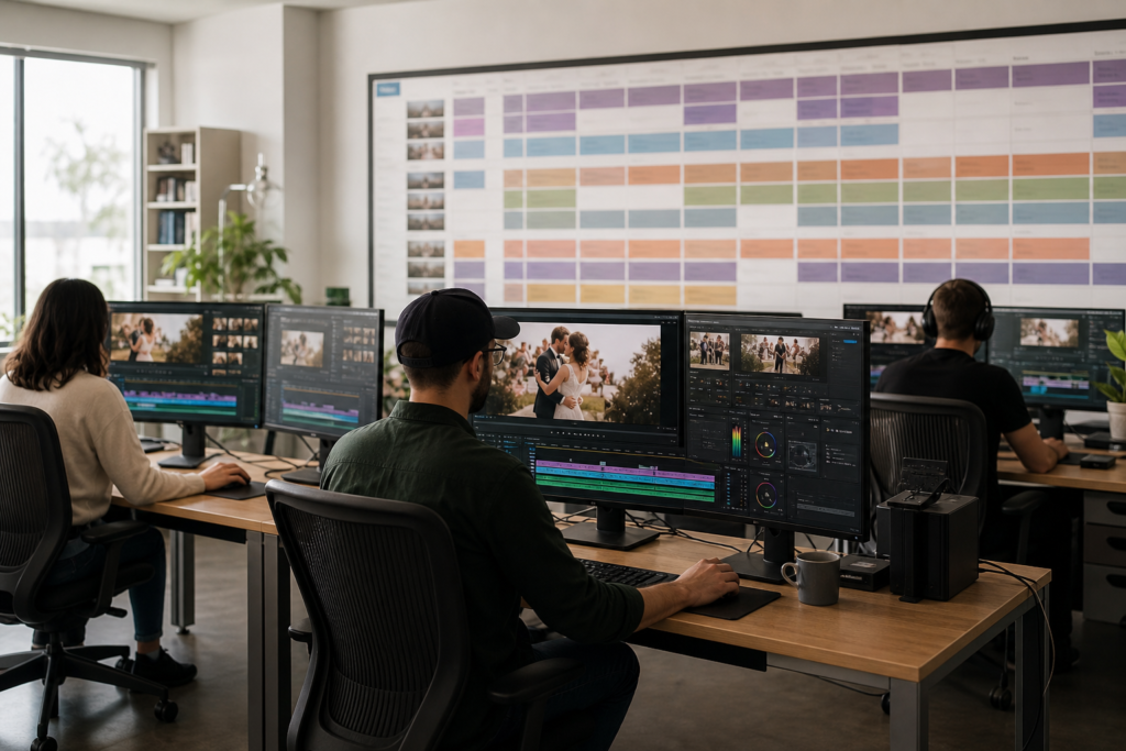 High-volume wedding studio team scaling video editing across multiple professional workstations