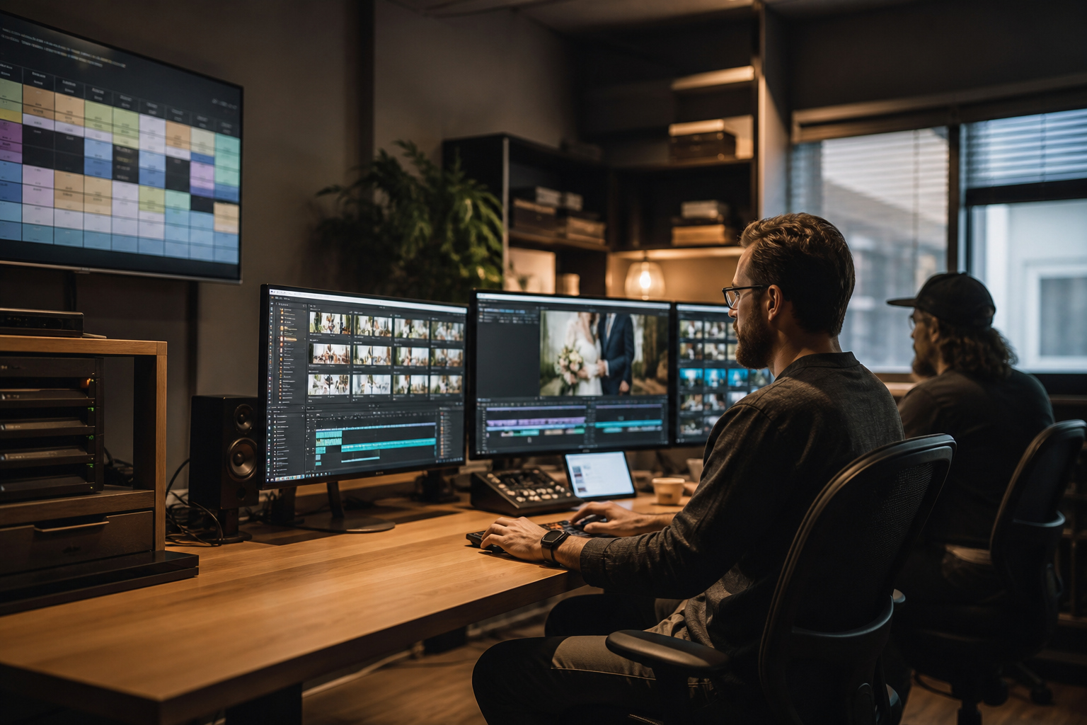 High-volume wedding video studio editors managing multiple post-production projects