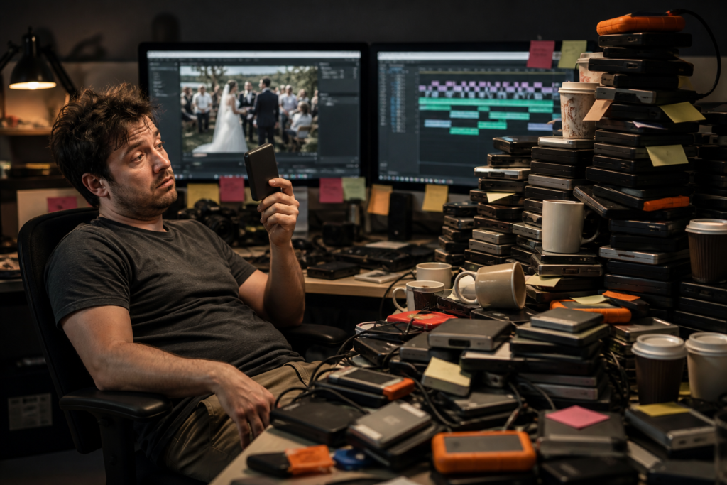 Tired wedding videographer overwhelmed by external drives and unfinished wedding video edits