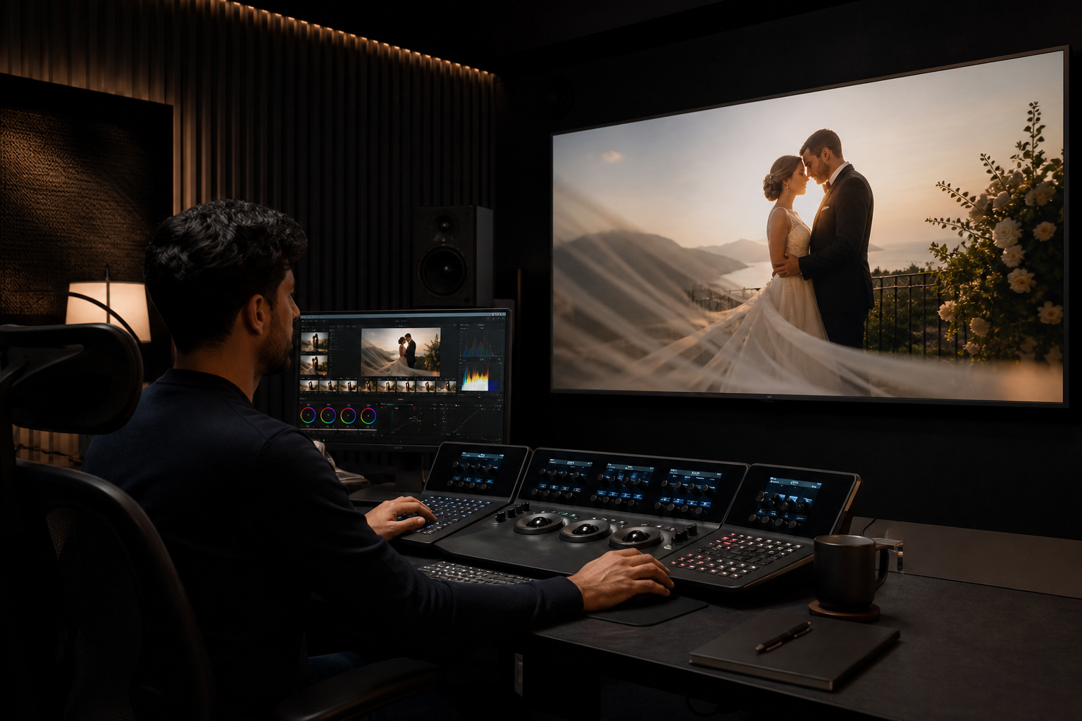 Professional colorist finishing a premium cinematic wedding video in a high-end editing suite