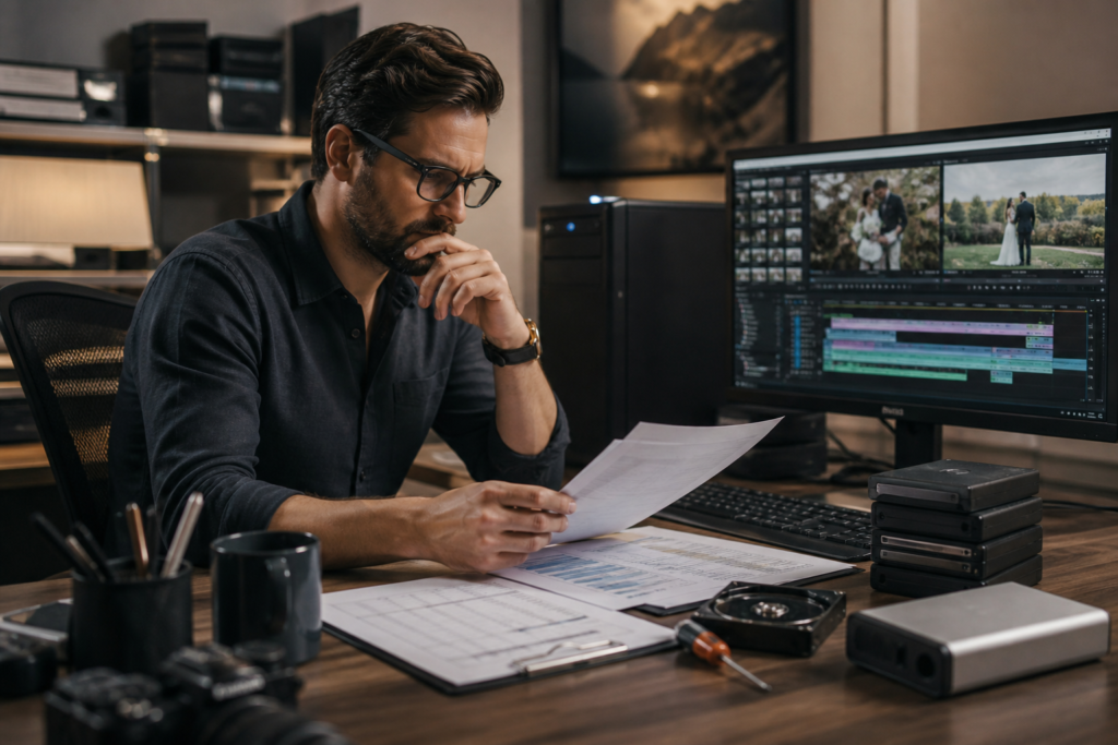 Wedding studio manager reviewing the true operational cost of in-house video editing