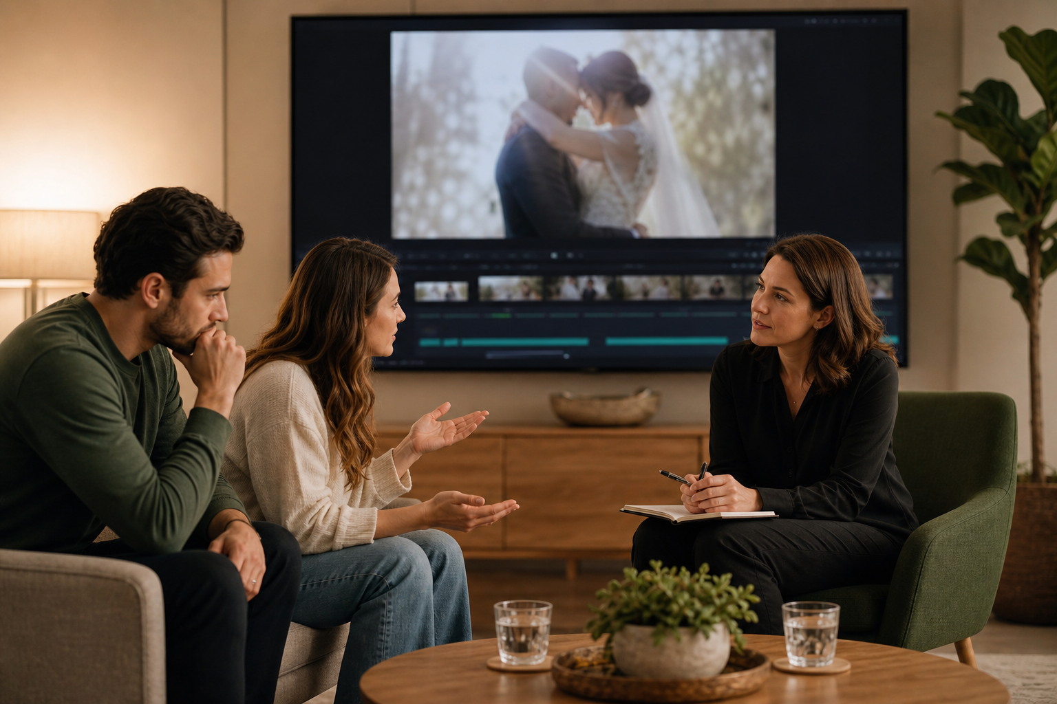 Wedding video client satisfaction manager discussing revision feedback with a couple
