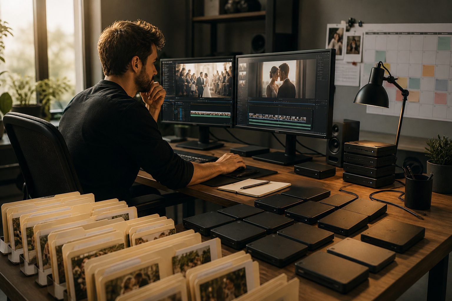 Wedding videographer organizing an editing backlog with multiple projects and storage drives
