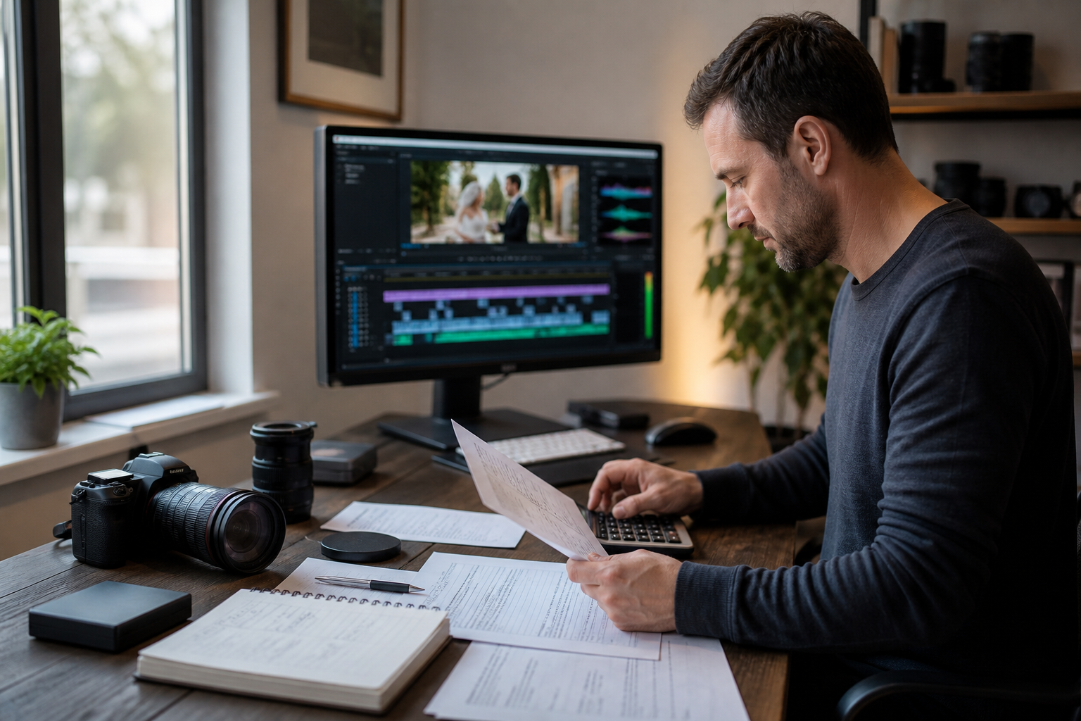 Wedding videographer calculating wedding video editing costs in a professional post-production studio