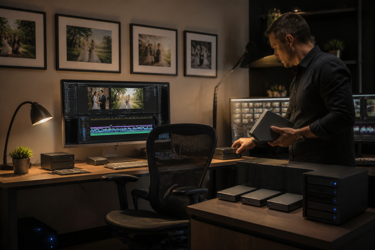 Wedding studio owner activating a backup workflow after a video editor disappears mid-season