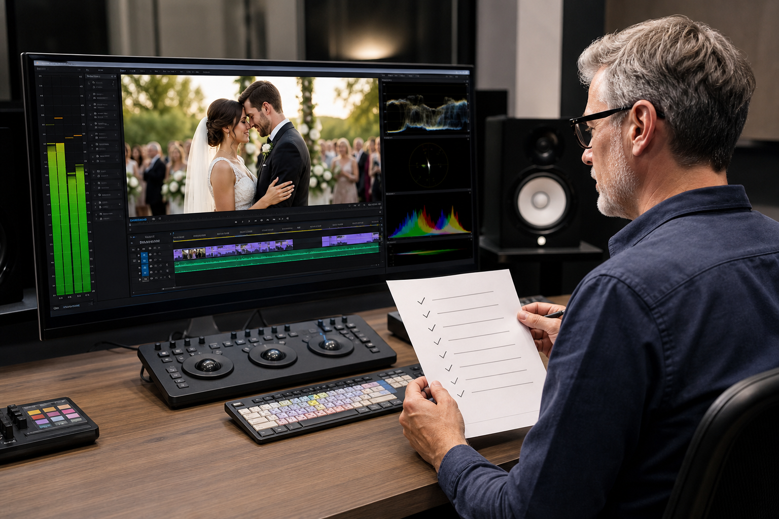 Senior wedding video editor performing a final post-production quality-control review