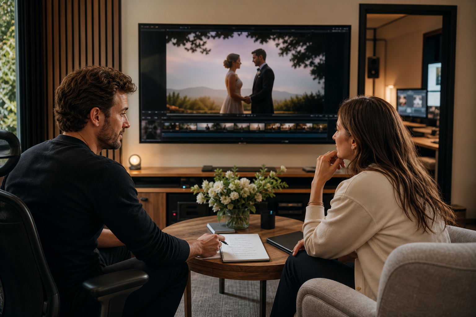 Wedding video professional calmly reviewing revision requests with a client-success specialist