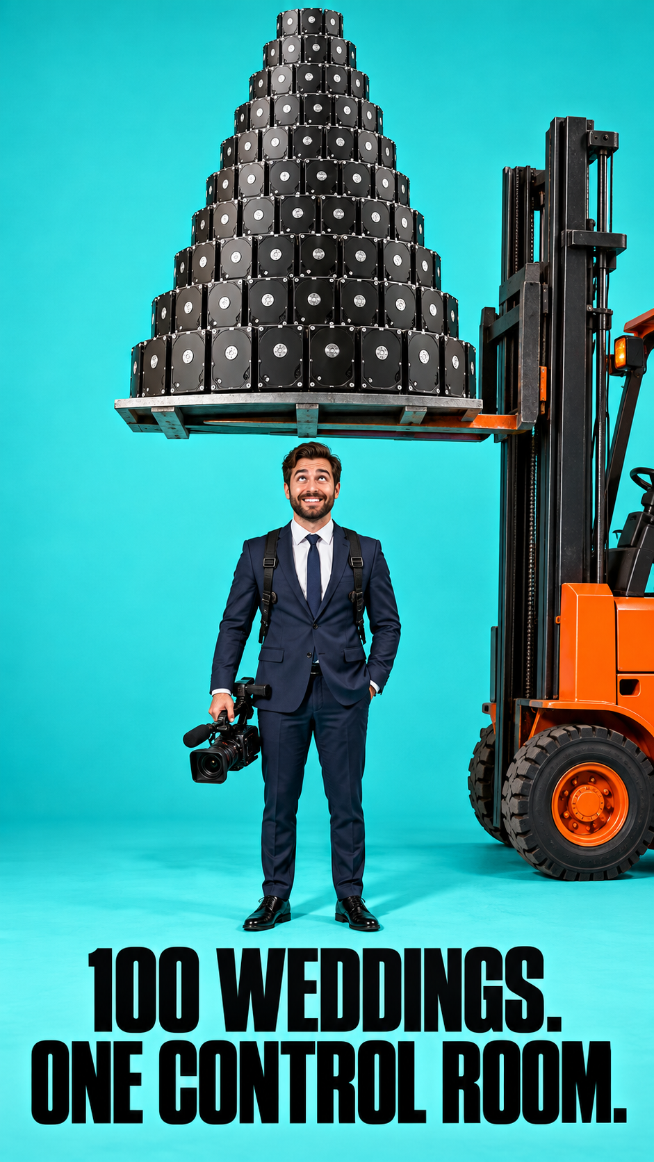 100 weddings, one control room — a videographer looks up as a forklift lifts the backlog